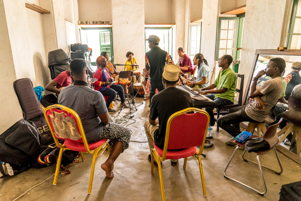 Swahili Encounters rehearsing for their performance at Sauti Za Busara Festival 2029, at the Dhow Music Academy, Stone Town, Zanzibar