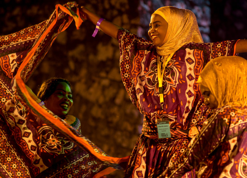 Women from the Tausi Taarab Orchestra performing the wedding gift dance, Sauti za Busara 2019, Zanzibar. Photo: Andy Morgan