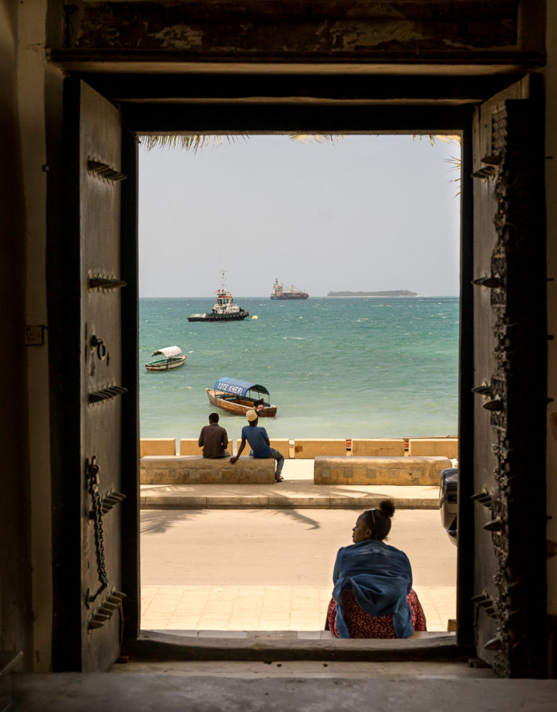 View of the sea through the main door of the Dhow Music Academy, Stone Town, Zanzibar. Photo: Andy Morgan