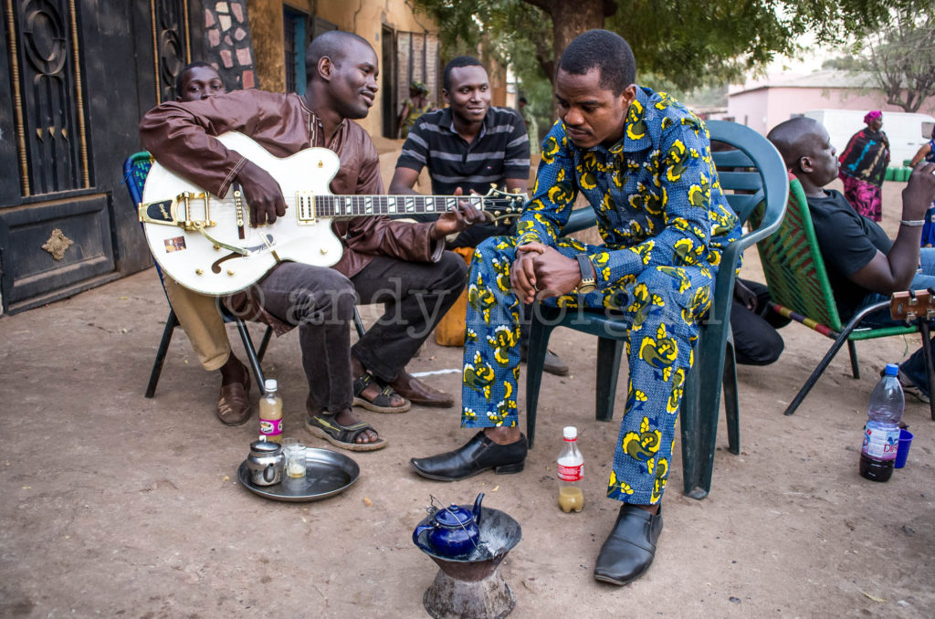 Garba, Ali and Oumar from Songhoy Blues making tea in Laffiabougou, Bamako, Mali - 2014. Photo: Andy Morgan