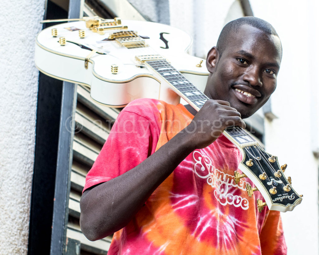 Garba Toure from Songhoy Blues with guitar, Bamako, Mali, 2014. Photo: Andy Morgan
