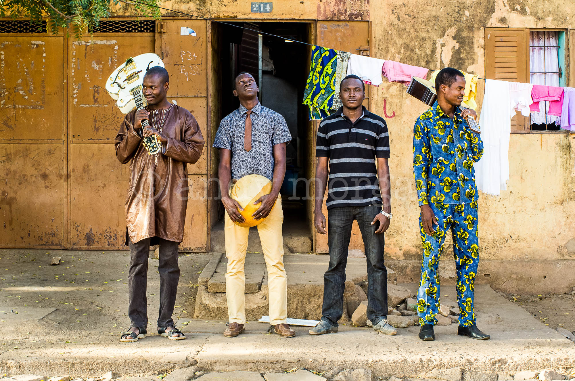 Songhoy Blues in Laffiabougou, Bamako, Mali, 2014 (L-R Garba, Nat, Ali, Oumar). Photo: Andy Morgan